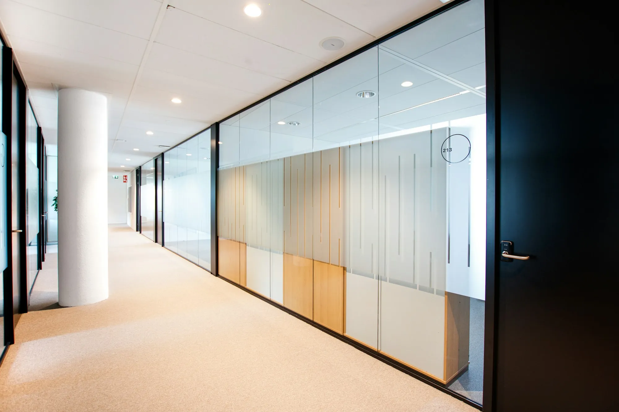 Carpeted office corridor with glass walls