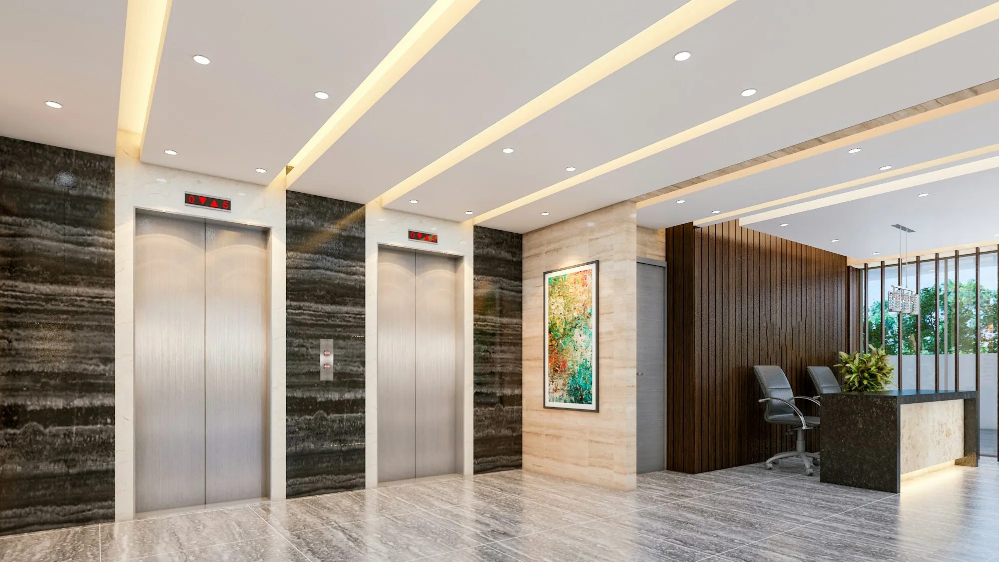 Elevator lobby with stone walls and a polished floor