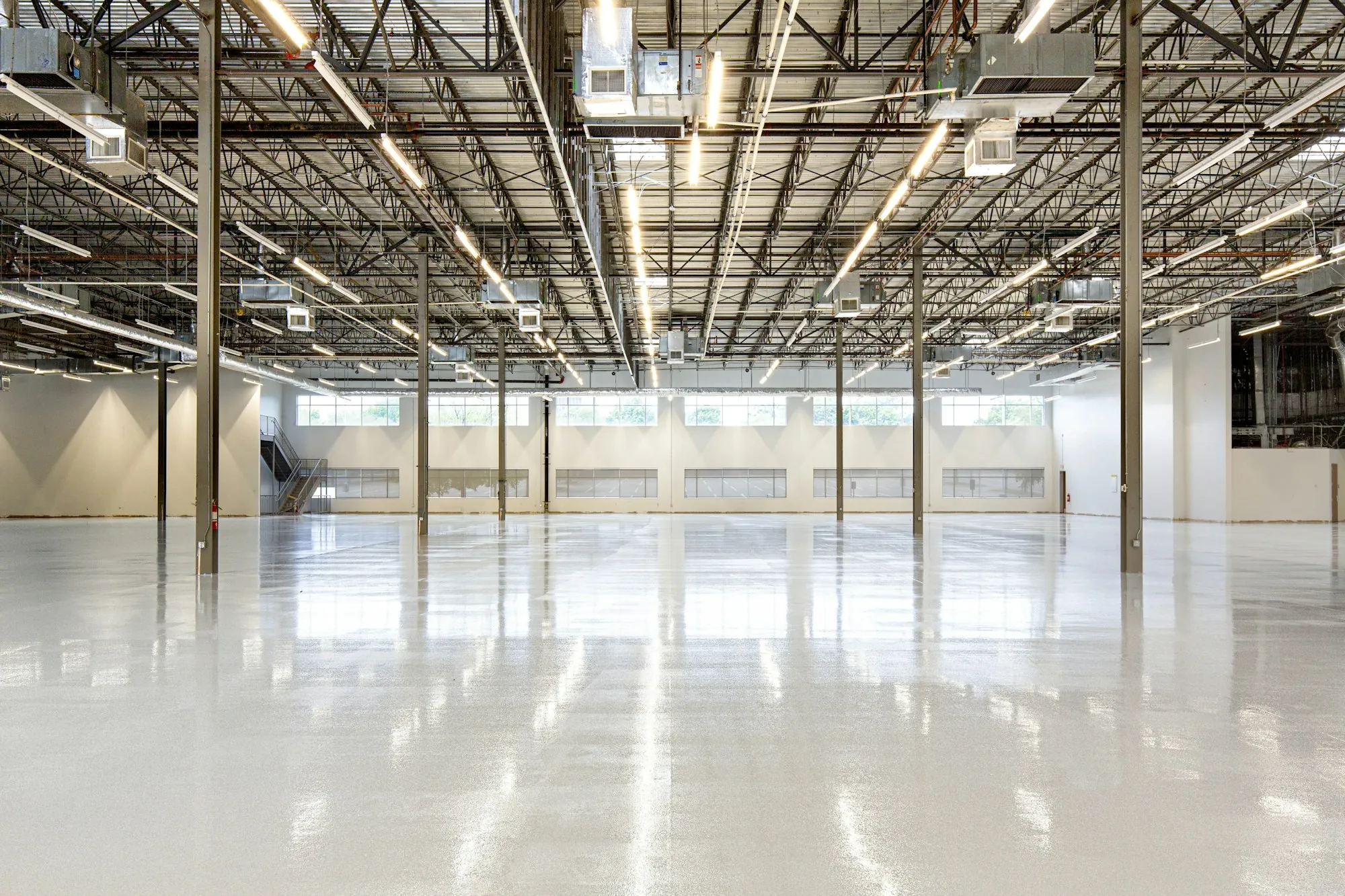 Large distribution warehouse with a clean concrete floor